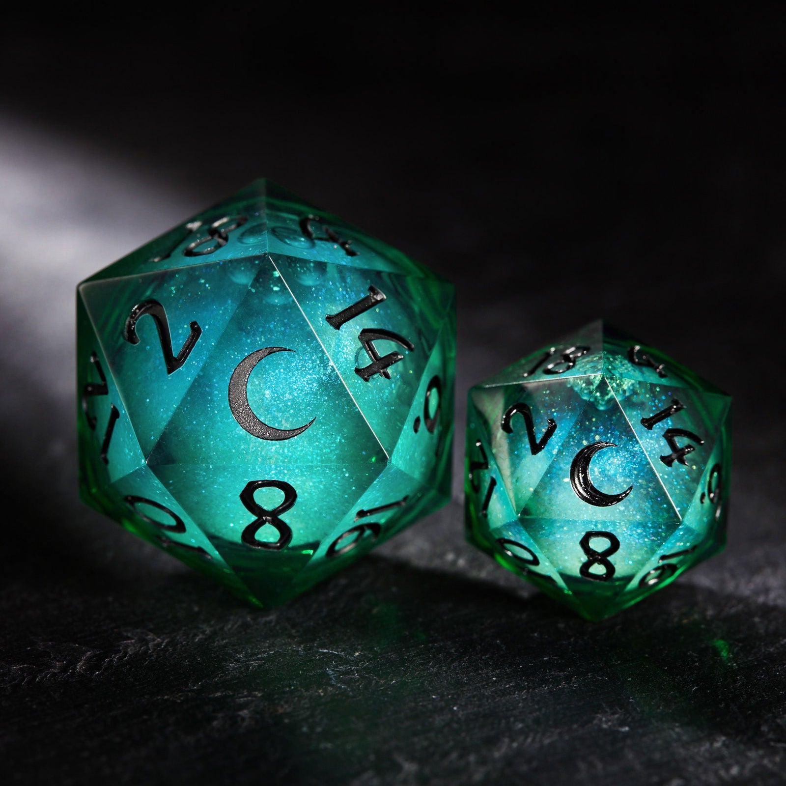 Green Liquid Core Resin Galaxy Dice Moon DnD D&D Dice Set - CrystalMaggie