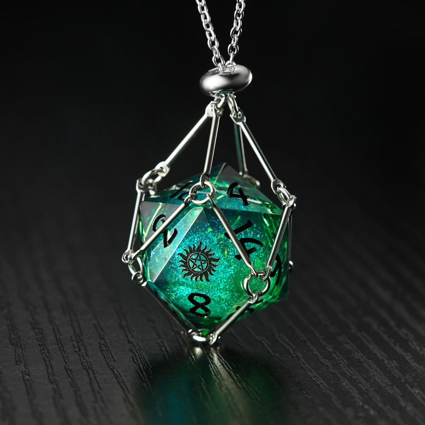 Green Liquid Core Resin Galaxy Dice Supernatural Anti-possession DnD D&D D20 Necklace - CrystalMaggie