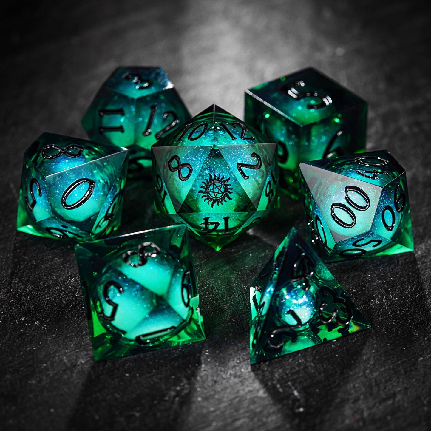 Green Liquid Core Resin Galaxy Dice Supernatural Anti-possession DnD D&D Dice Chonk D20 - CrystalMaggie