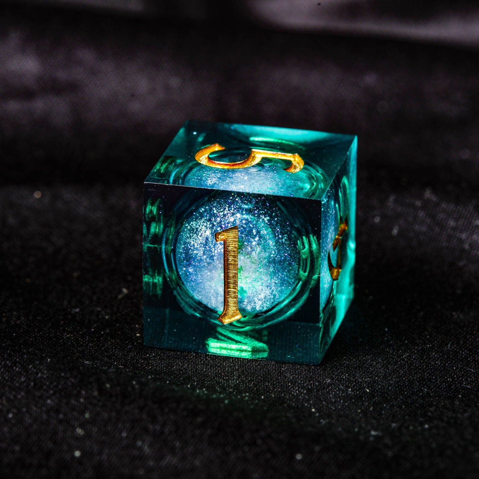 Green Liquid Core Resin Galaxy DnD D&D Dice Set - CrystalMaggie