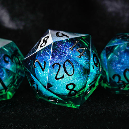 Green Liquid Core Resin Galaxy DnD D&D Dice Set - CrystalMaggie