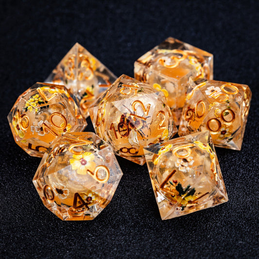 Honey Bee and Flower Liquid Core Resin DnD D&D Dice Set - CrystalMaggie