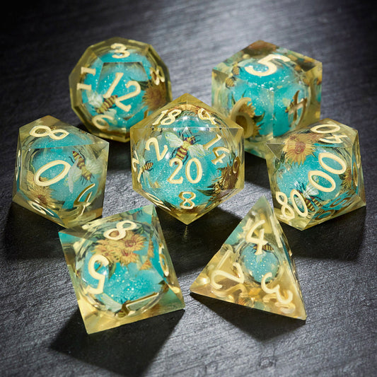 Honey Bee and Flower Liquid Core Resin DnD D&D Dice Set - CrystalMaggie