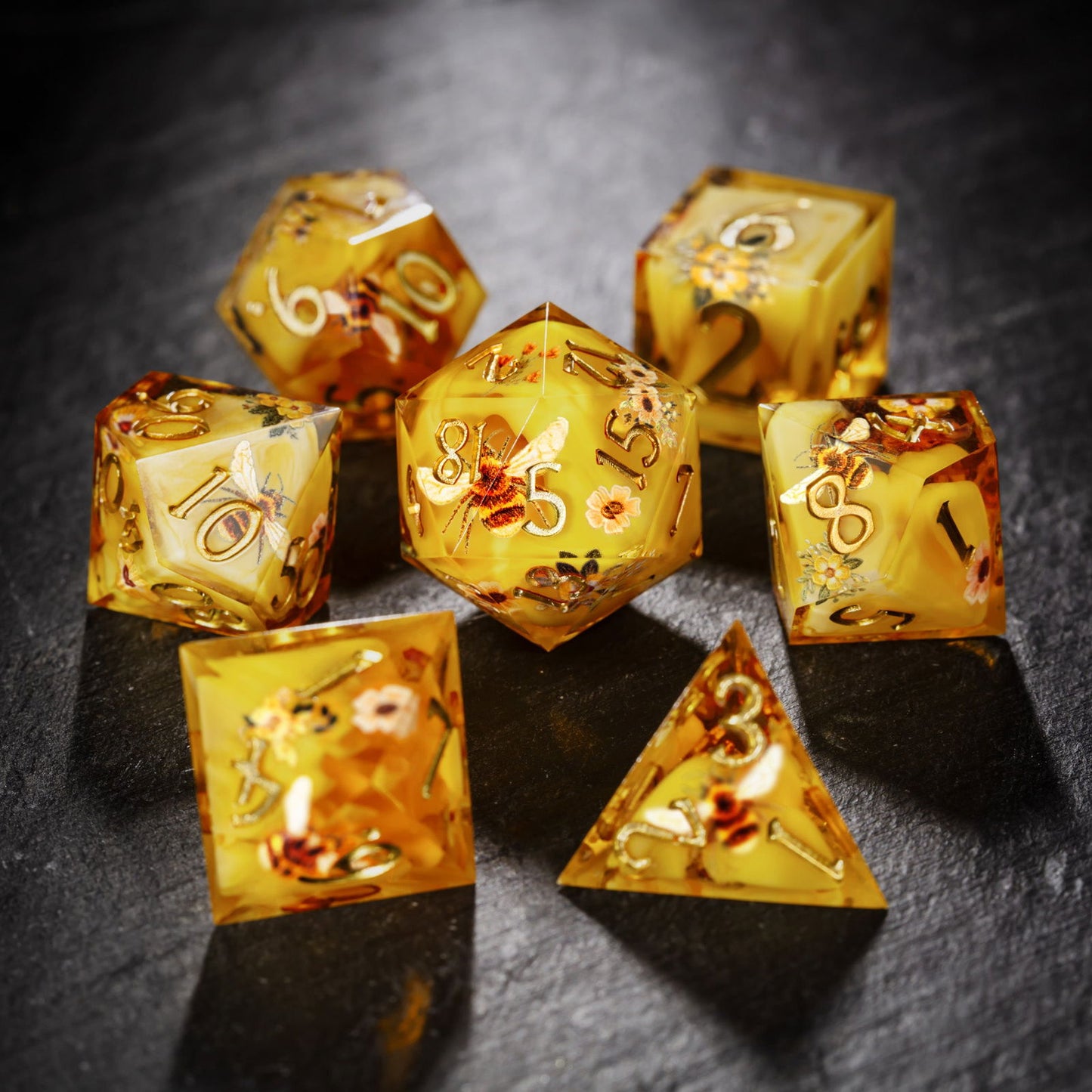 Honey Bee and Flower Resin DnD D&D Dice Set - CrystalMaggie