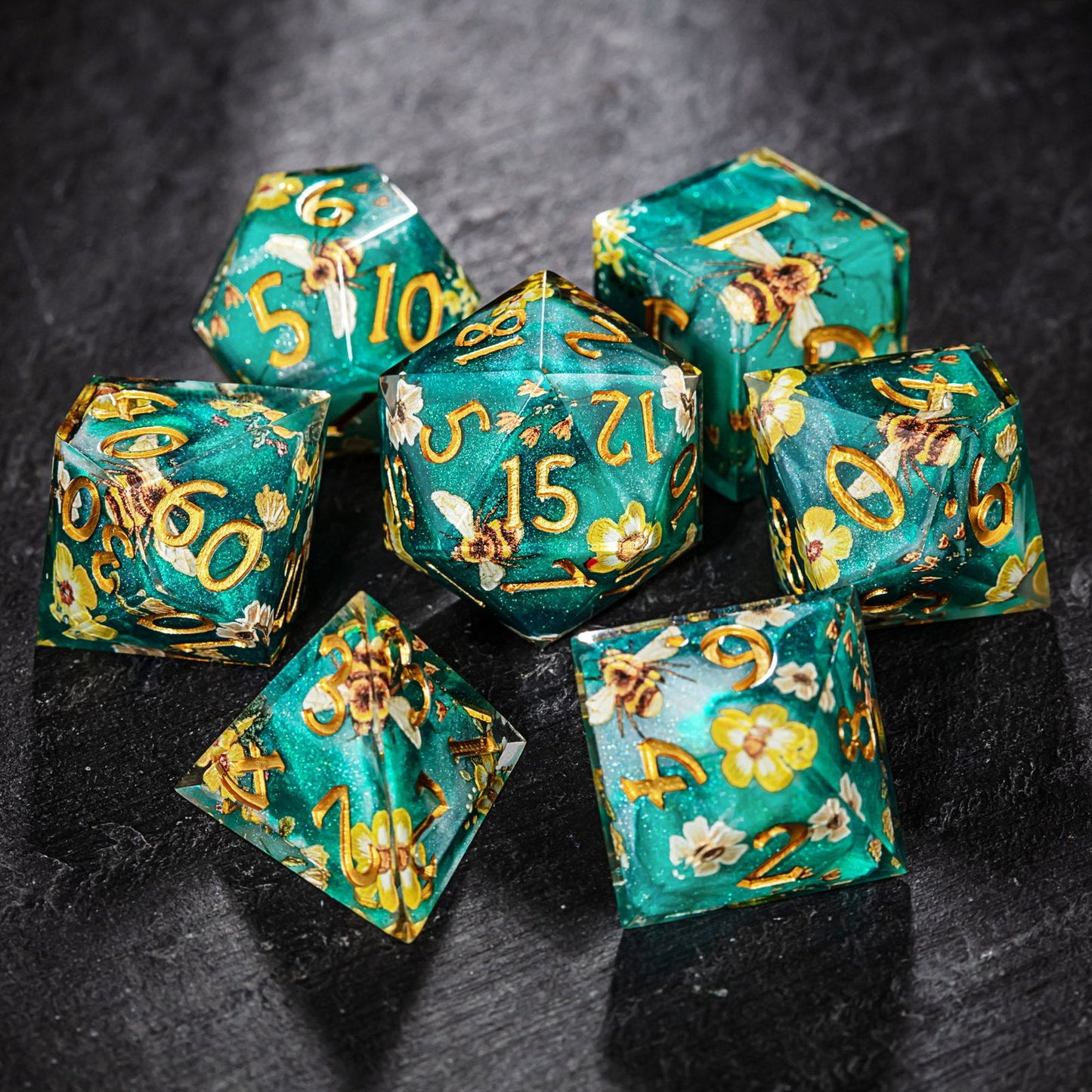 Honey Bee and Flower Resin DnD D&D Dice Set - CrystalMaggie