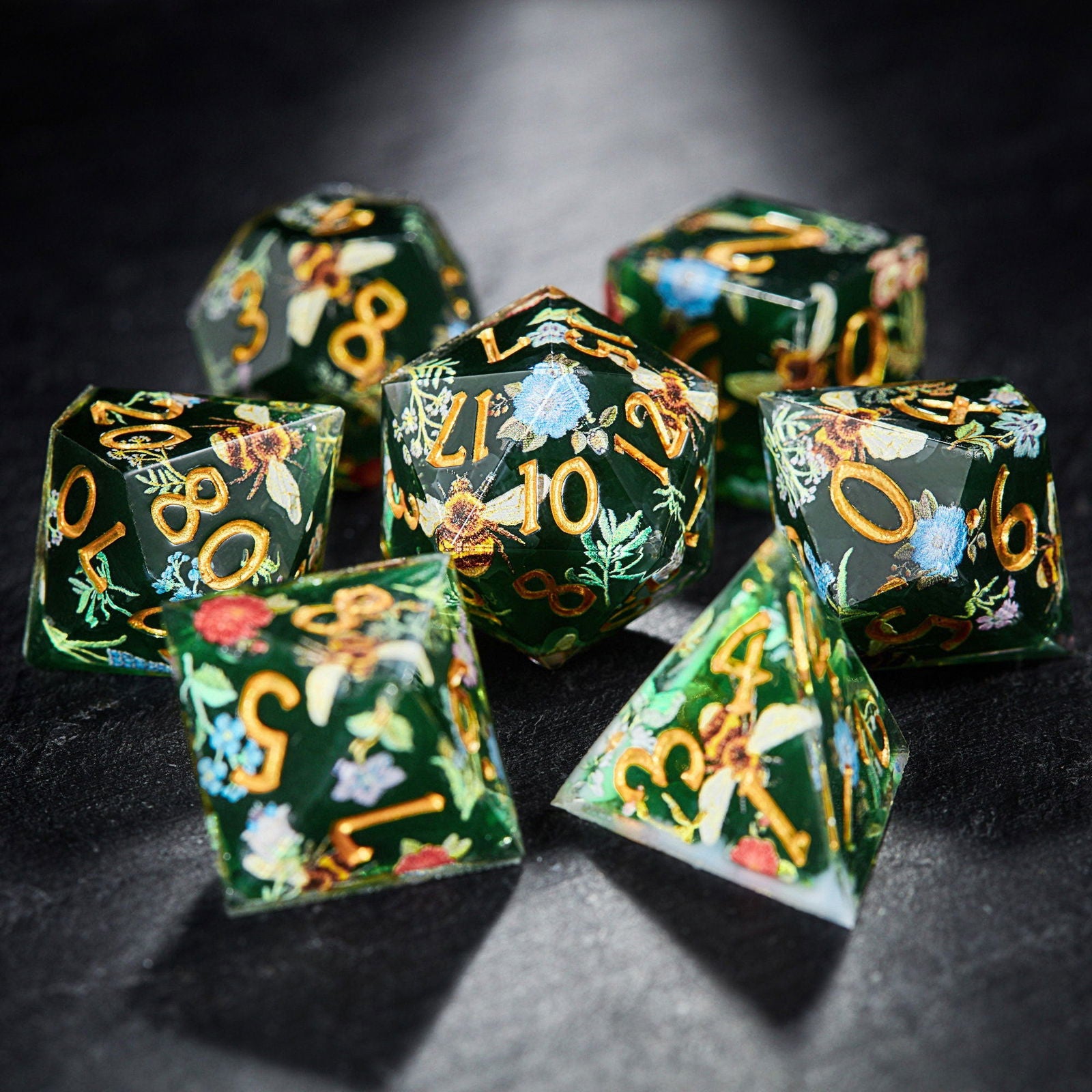 Honey Bee and Flowers Resin DnD D&D Dice Set - CrystalMaggie