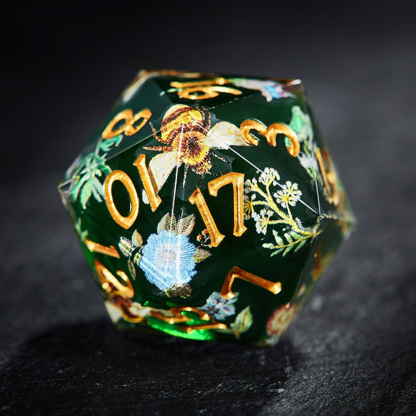 Honey Bee and Flowers Resin DnD D&D Dice Set - CrystalMaggie