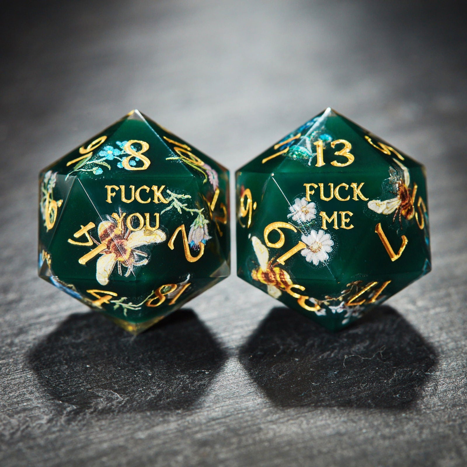 Honey Bee and Flowers Resin DnD D&D F Word Dice Set - CrystalMaggie