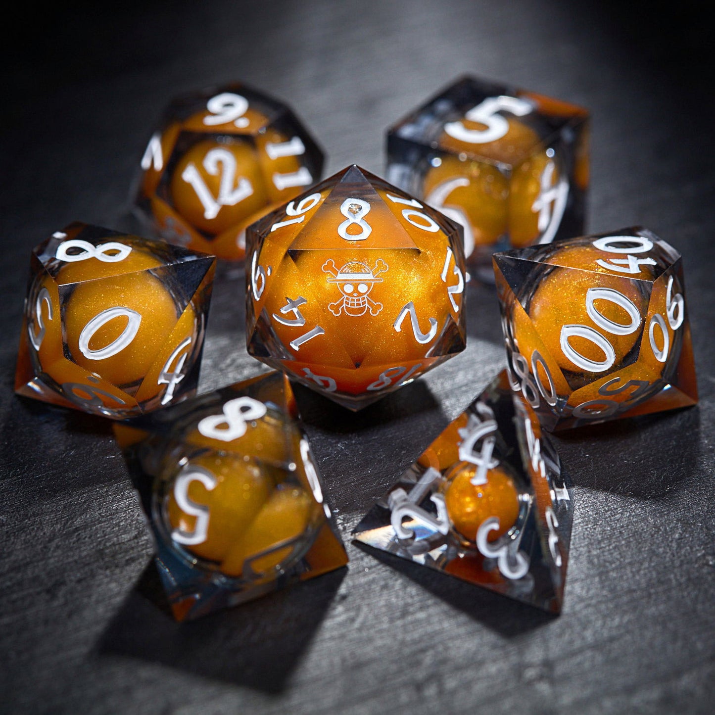 Inspired by One Piece - Orange Sand Liquid Corel DnD D&D Dice Set - CrystalMaggie