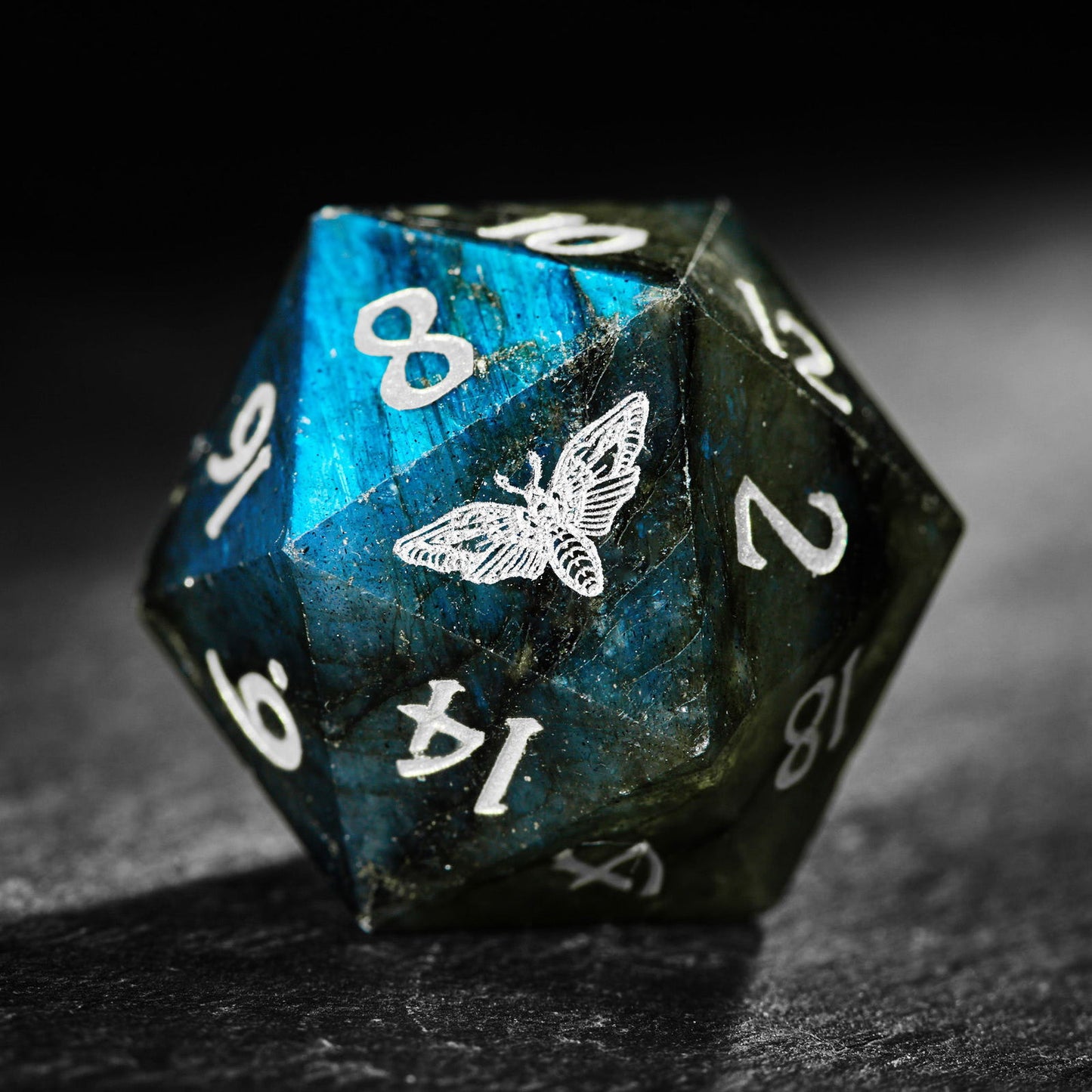 Labradorite Gemstone Moth DnD D&D Dice Set - CrystalMaggie