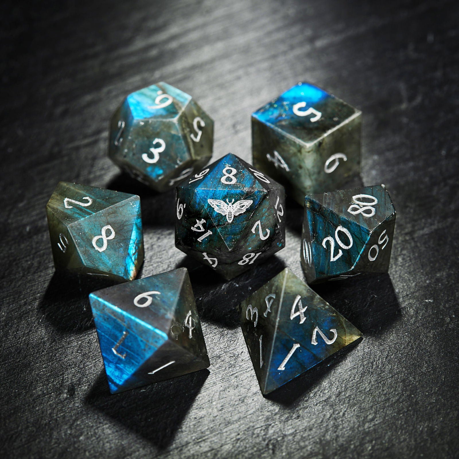 Labradorite Gemstone Moth DnD D&D Dice Set - CrystalMaggie