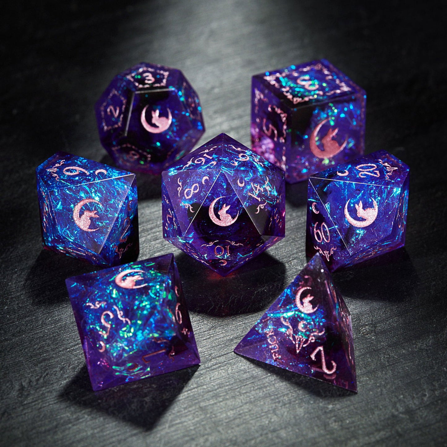 Lunar Silhouette with Amethyst and Gold - Purple Glitter Galaxy Resin Dice Antler Moon Motif All Bunny F*ck DnD D&D Dice Set - CrystalMaggie