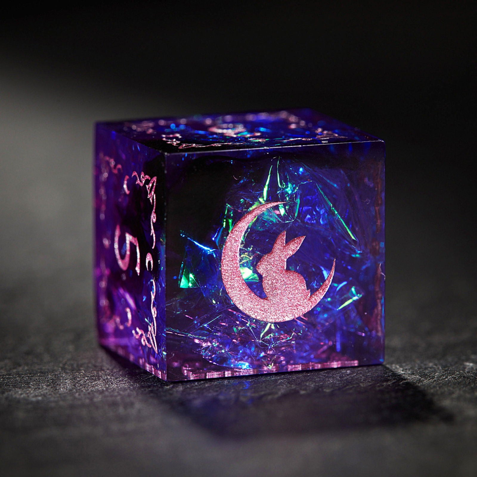 Lunar Silhouette with Amethyst and Gold - Purple Glitter Galaxy Resin Dice Antler Moon Motif All Bunny F*ck DnD D&D Dice Set - CrystalMaggie