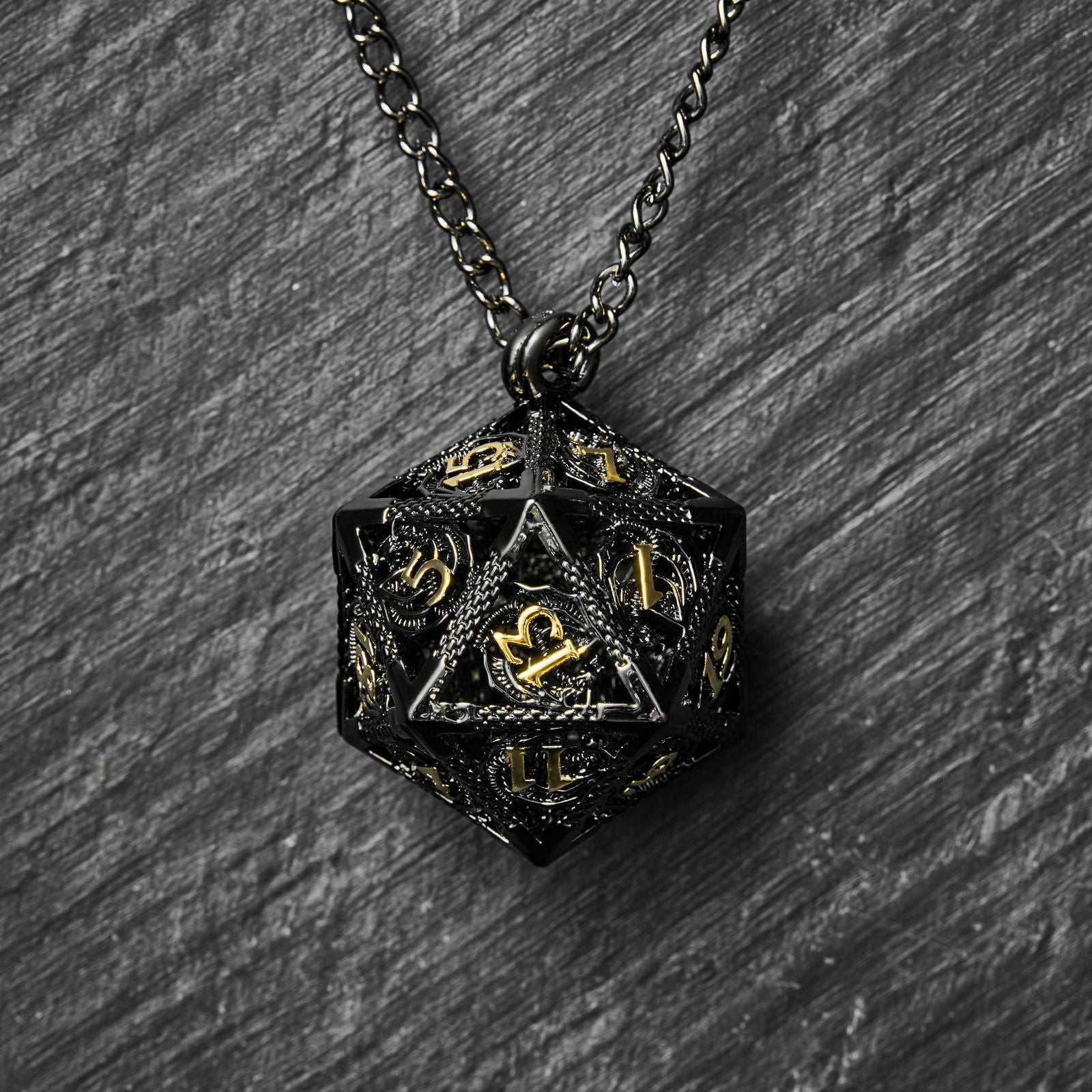 Micro Mini Metal DnD D&D Dice Set Black D20 Dice Cage Necklace - CrystalMaggie