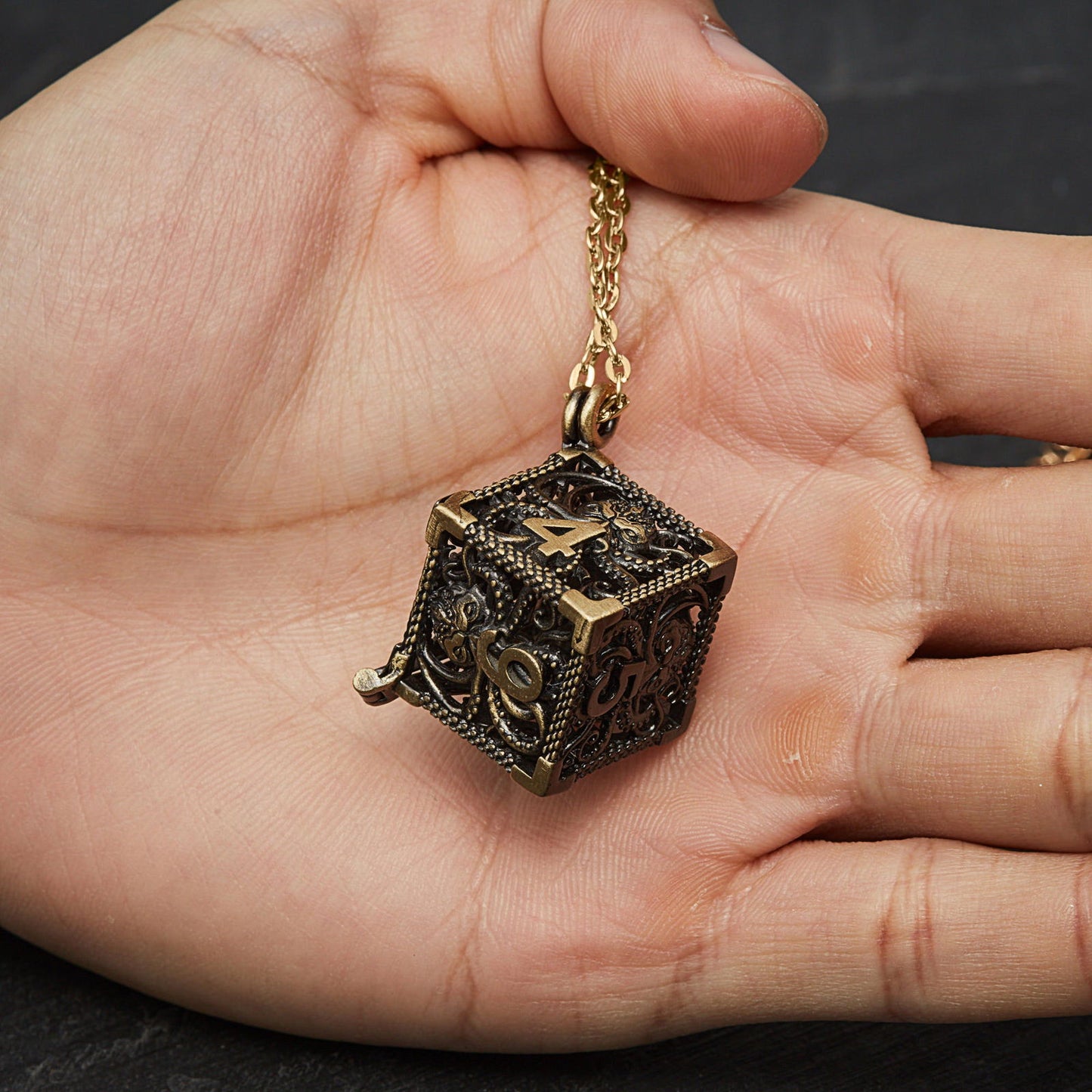 Micro Mini Metal DnD D&D Dice Set Bronze D6 Dice Cage Necklace - CrystalMaggie