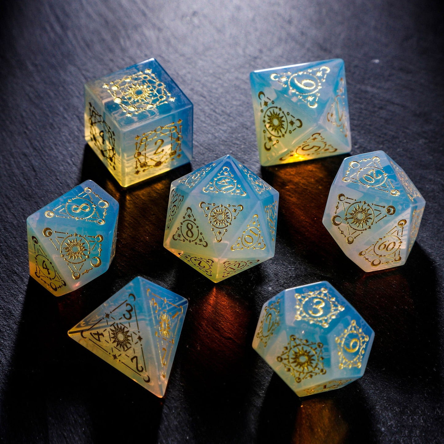 Opalite Gemstone Astrology Motif DnD D&D Dice Set - CrystalMaggie