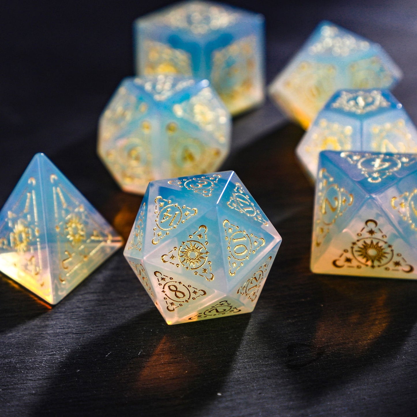 Opalite Gemstone Astrology Motif DnD D&D Dice Set - CrystalMaggie