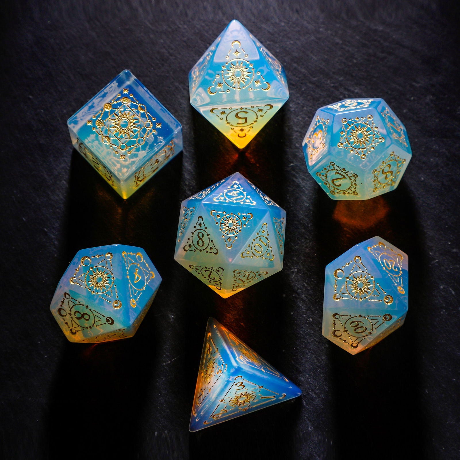 Opalite Gemstone Astrology Motif DnD D&D Dice Set - CrystalMaggie