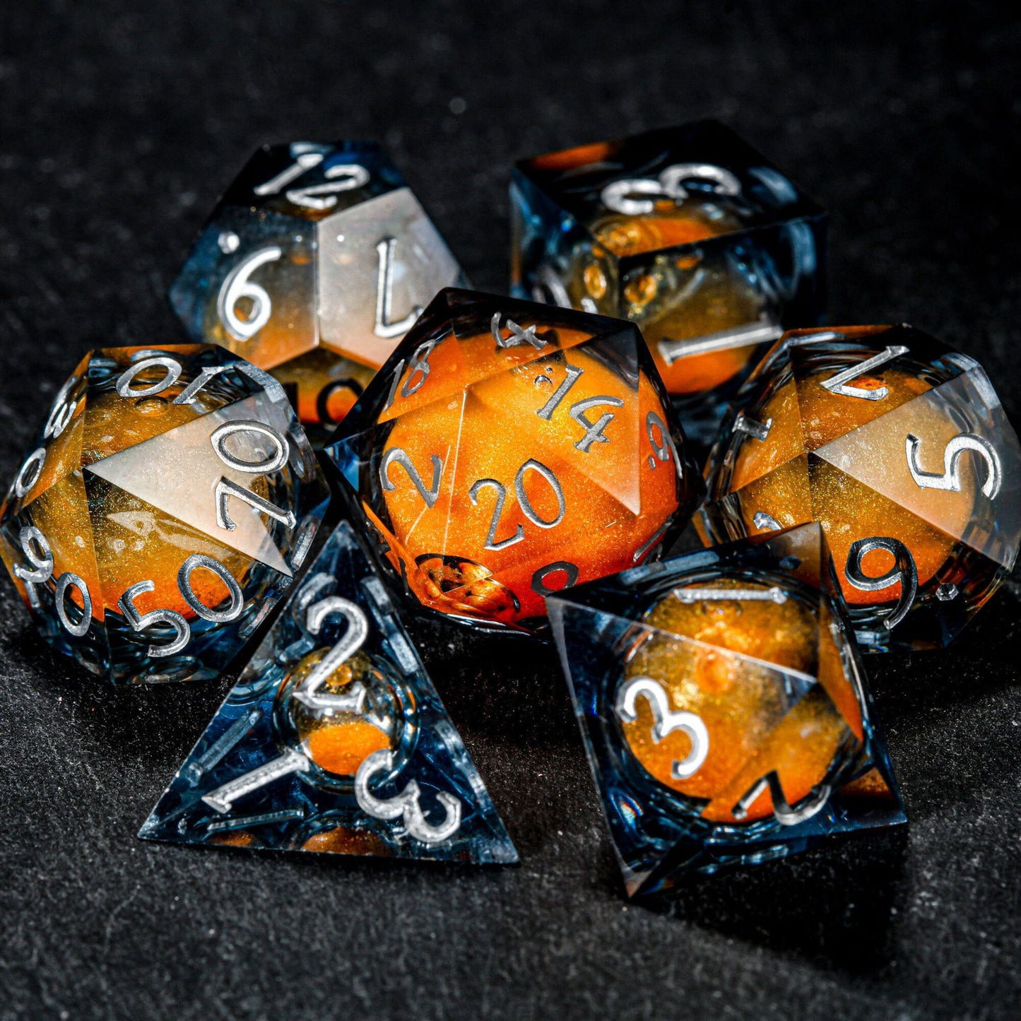 Orange Sand Liquid Core Resin DnD D&D Dice Set - CrystalMaggie