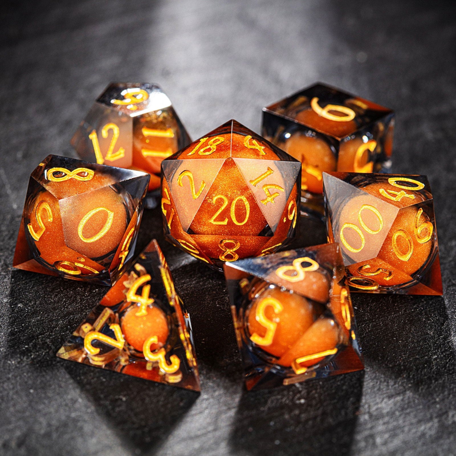 Orange Sand Liquid Core Resin DnD D&D Dice Set - CrystalMaggie