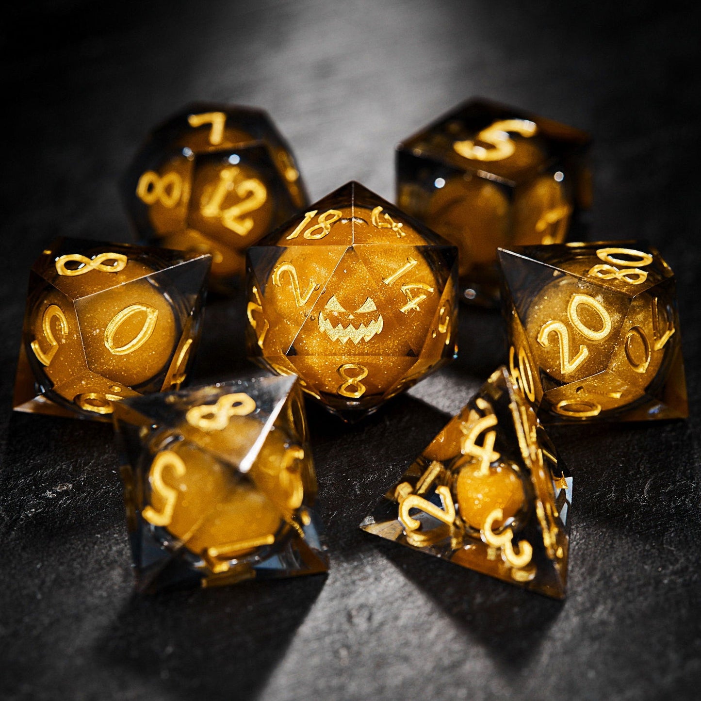 Orange Sand Liquid Core Resin Halloween Pumpkin DnD D&D Dice Set - CrystalMaggie