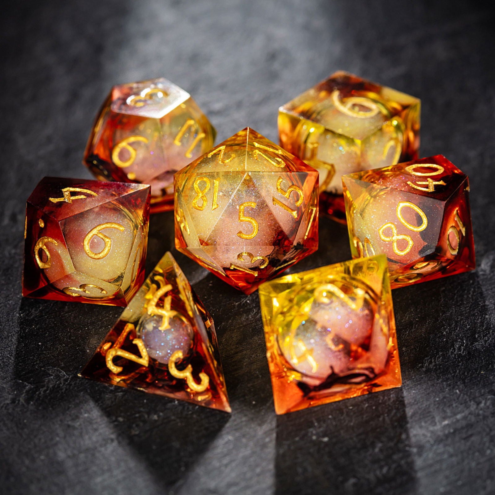 Orange Yellow Sunset Liquid Core Resin DnD D&D Dice Set - CrystalMaggie