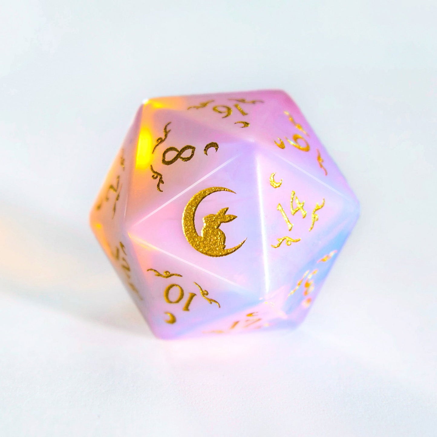 Pink Opalite Gemstone Antler Moon Motif Bunny DnD D&D Dice Set - CrystalMaggie