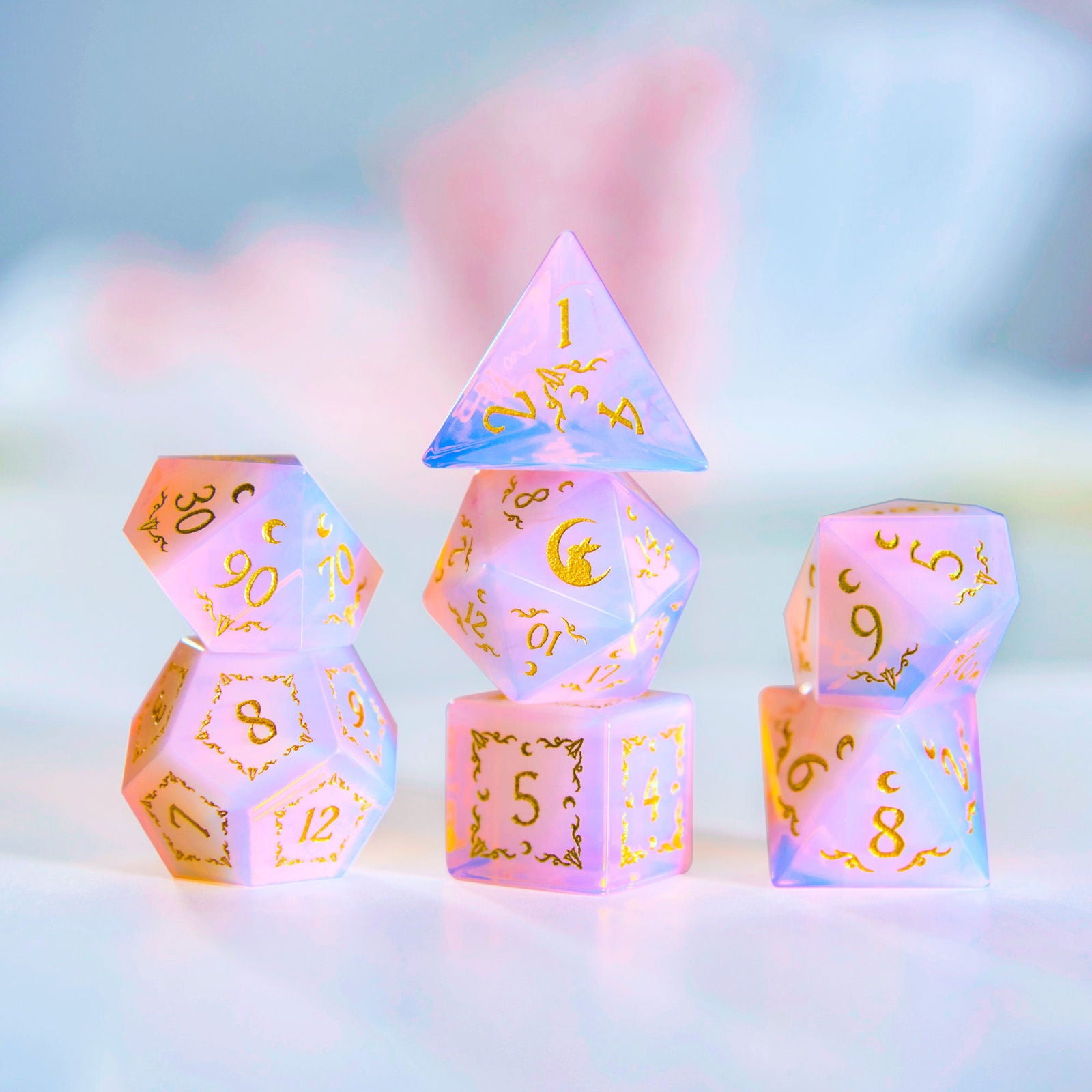 Pink Opalite Gemstone Antler Moon Motif Bunny DnD D&D Dice Set - CrystalMaggie