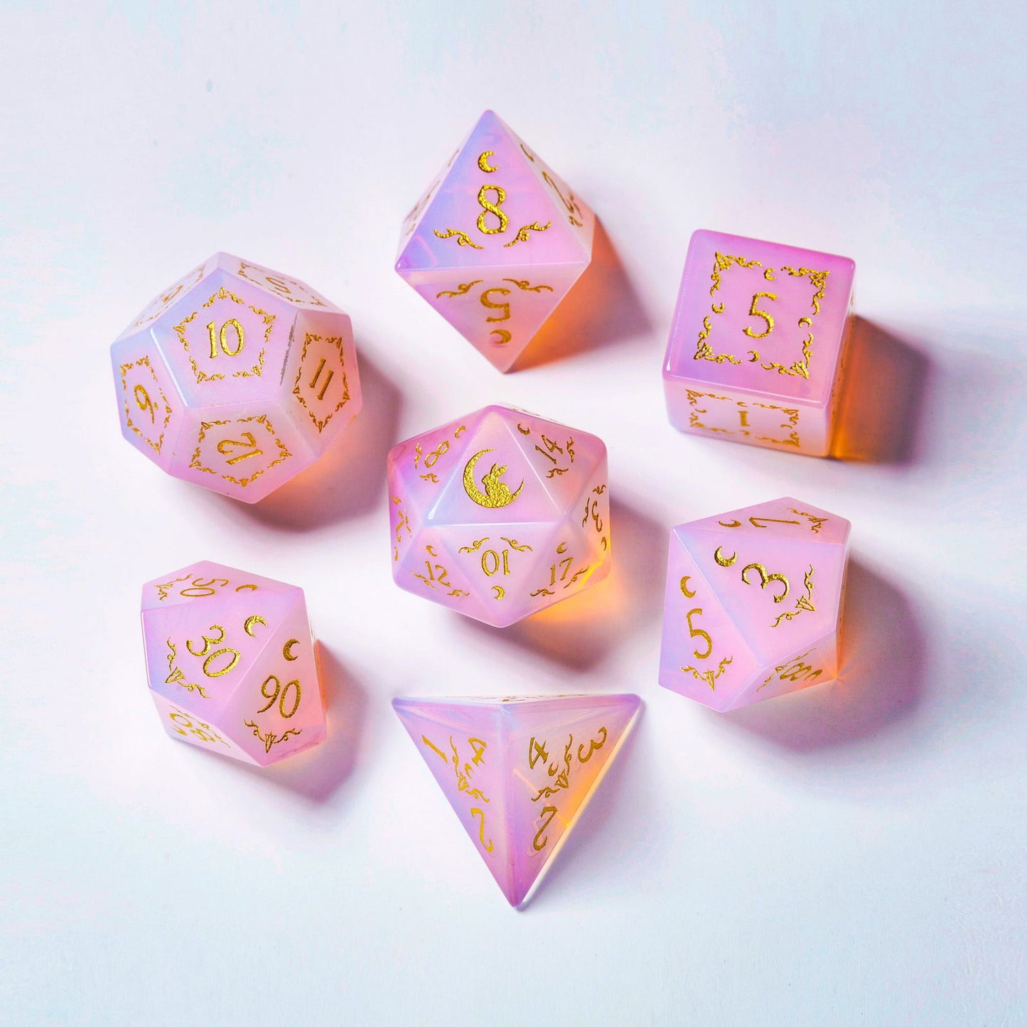 Pink Opalite Gemstone Antler Moon Motif Bunny DnD D&D Dice Set - CrystalMaggie