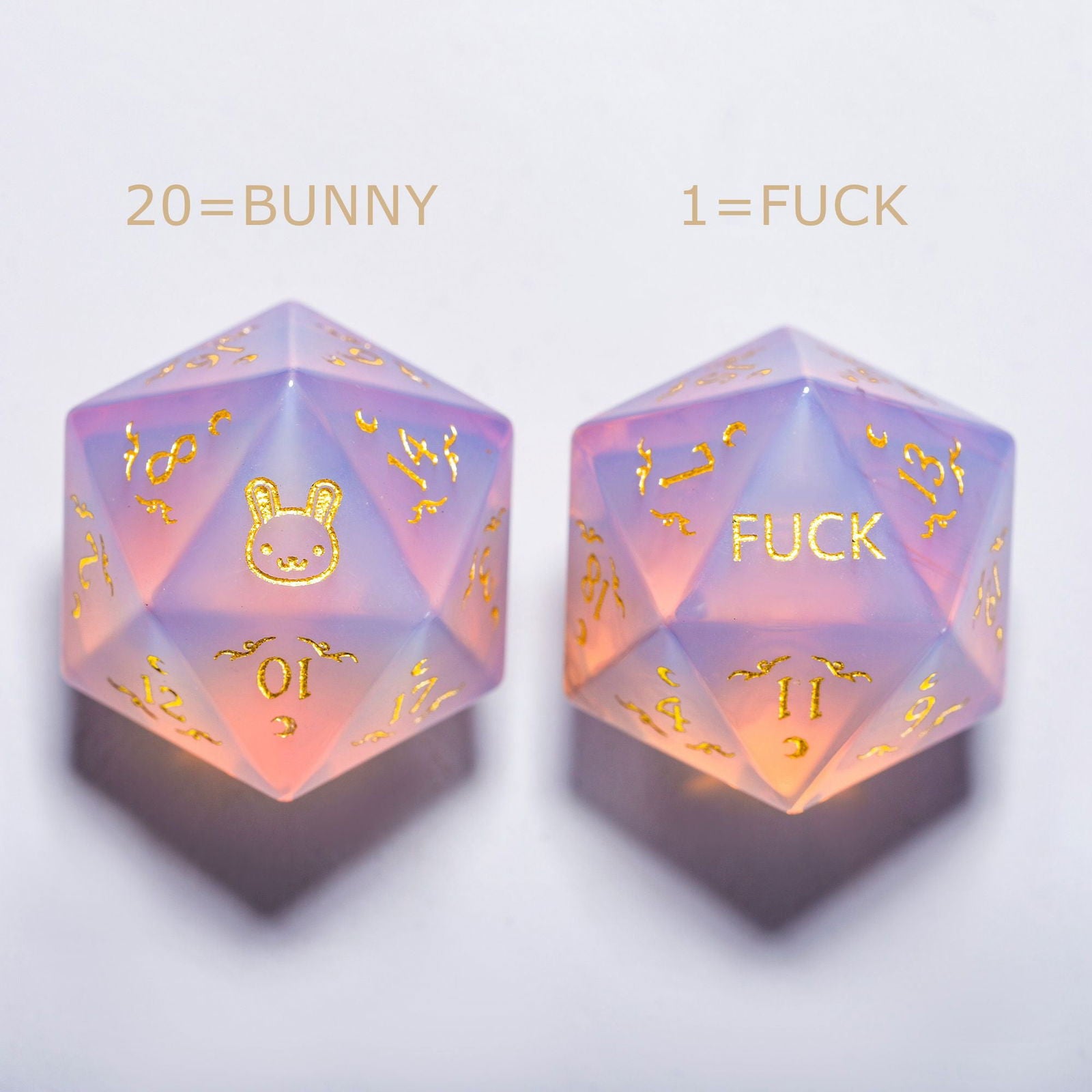 Pink Opalite Gemstone Bunny F*ck DnD D&D Dice Set - CrystalMaggie