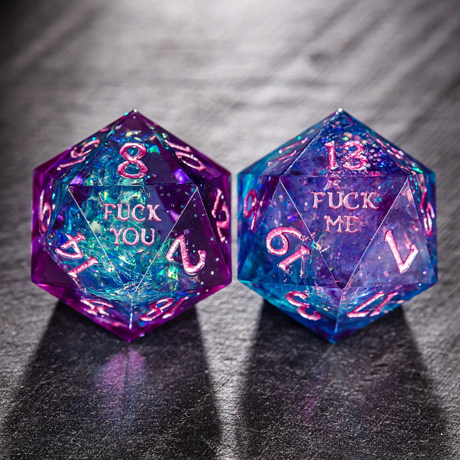 Purple Blue Glitter Resin F Word DnD D&D Dice Set - CrystalMaggie