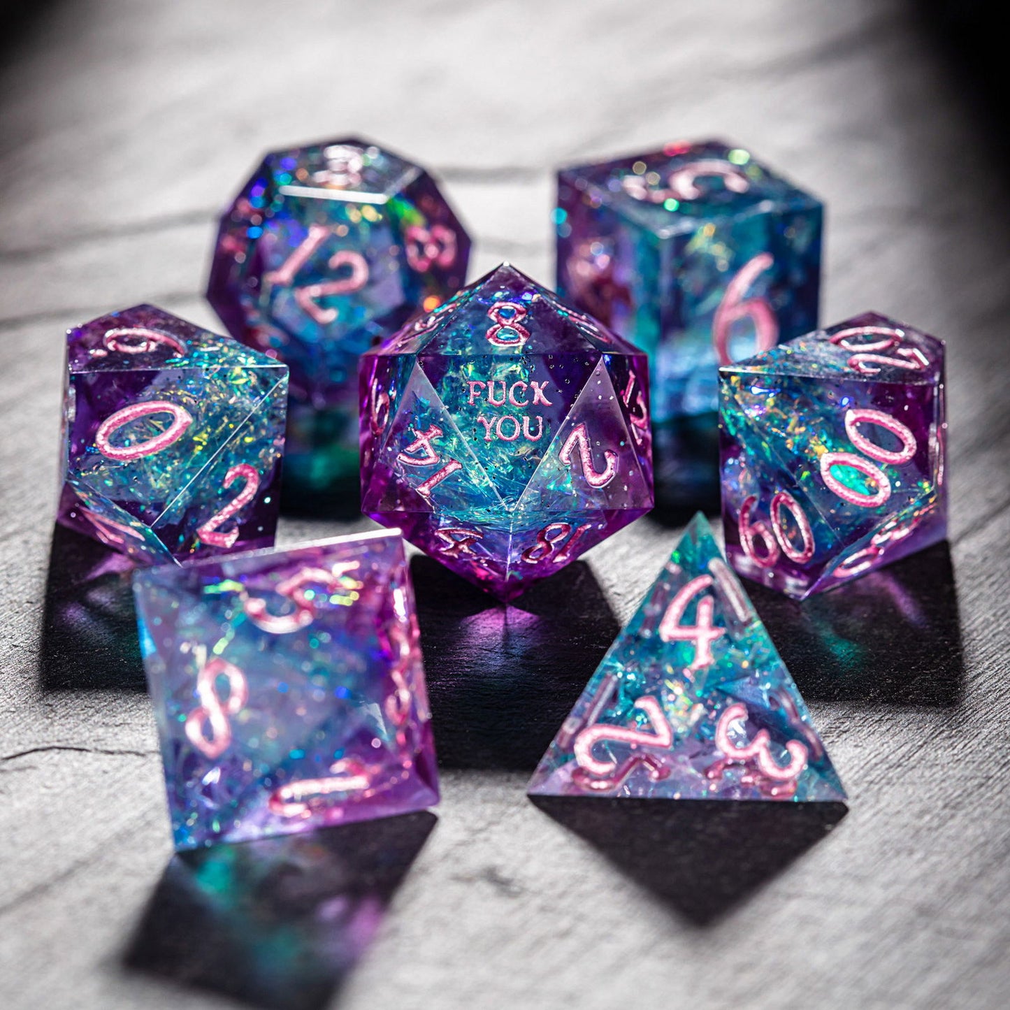 Purple Blue Glitter Resin F Word DnD D&D Dice Set - CrystalMaggie