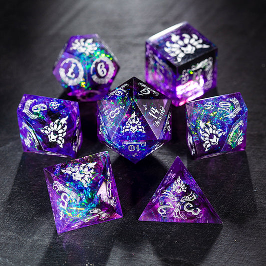 Purple Glitter Galaxy Resin Dice Bard Motif Nine Tails Fox DnD D&D Dice Set - CrystalMaggie