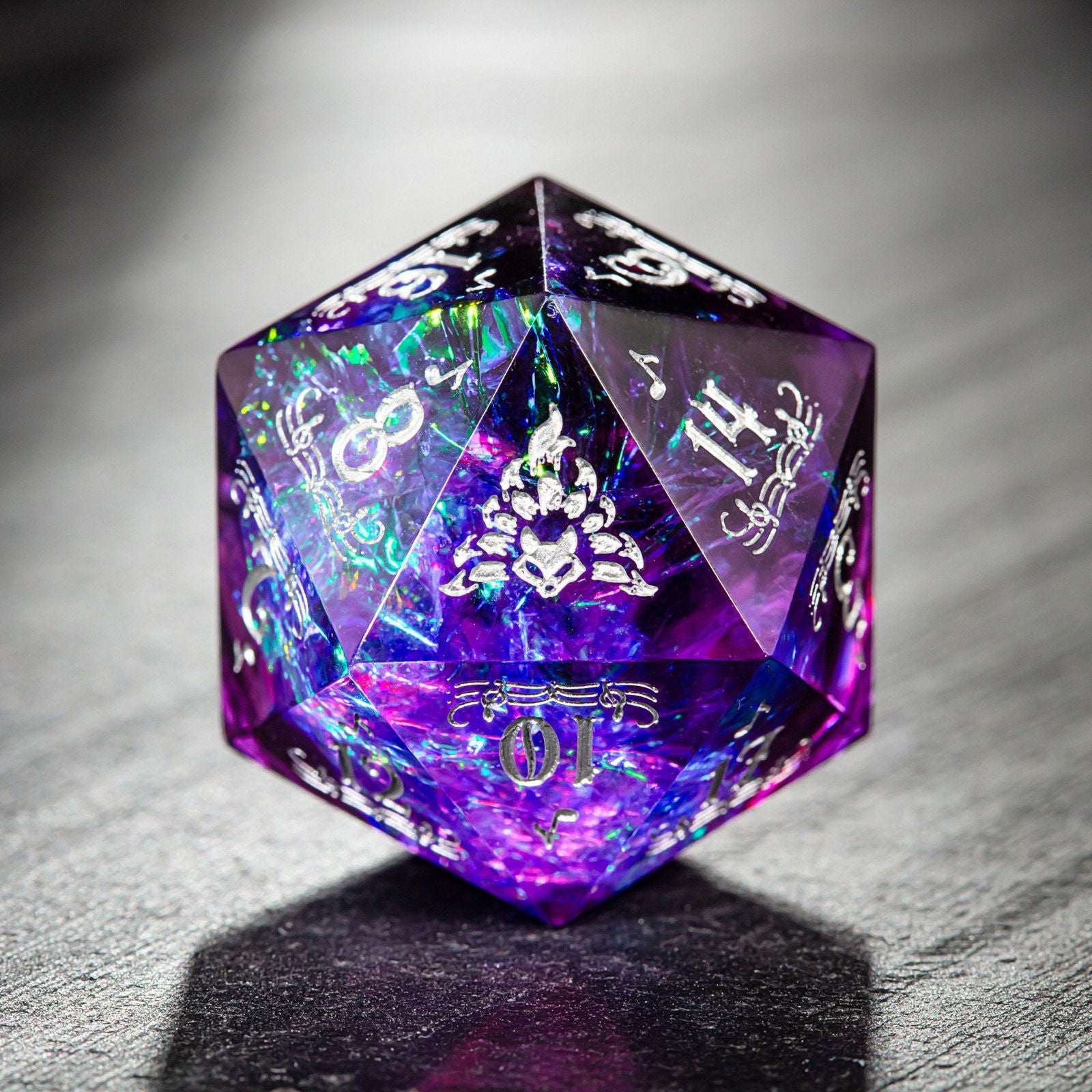 Purple Glitter Galaxy Resin Dice Bard Motif Nine Tails Fox DnD D&D Dice Set - CrystalMaggie