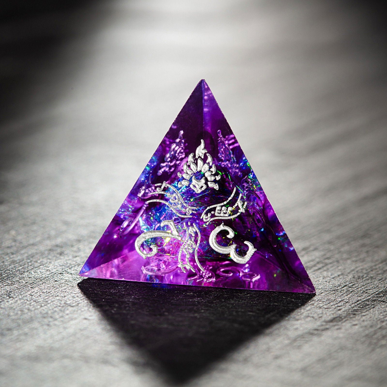 Purple Glitter Galaxy Resin Dice Bard Motif Nine Tails Fox DnD D&D Dice Set - CrystalMaggie