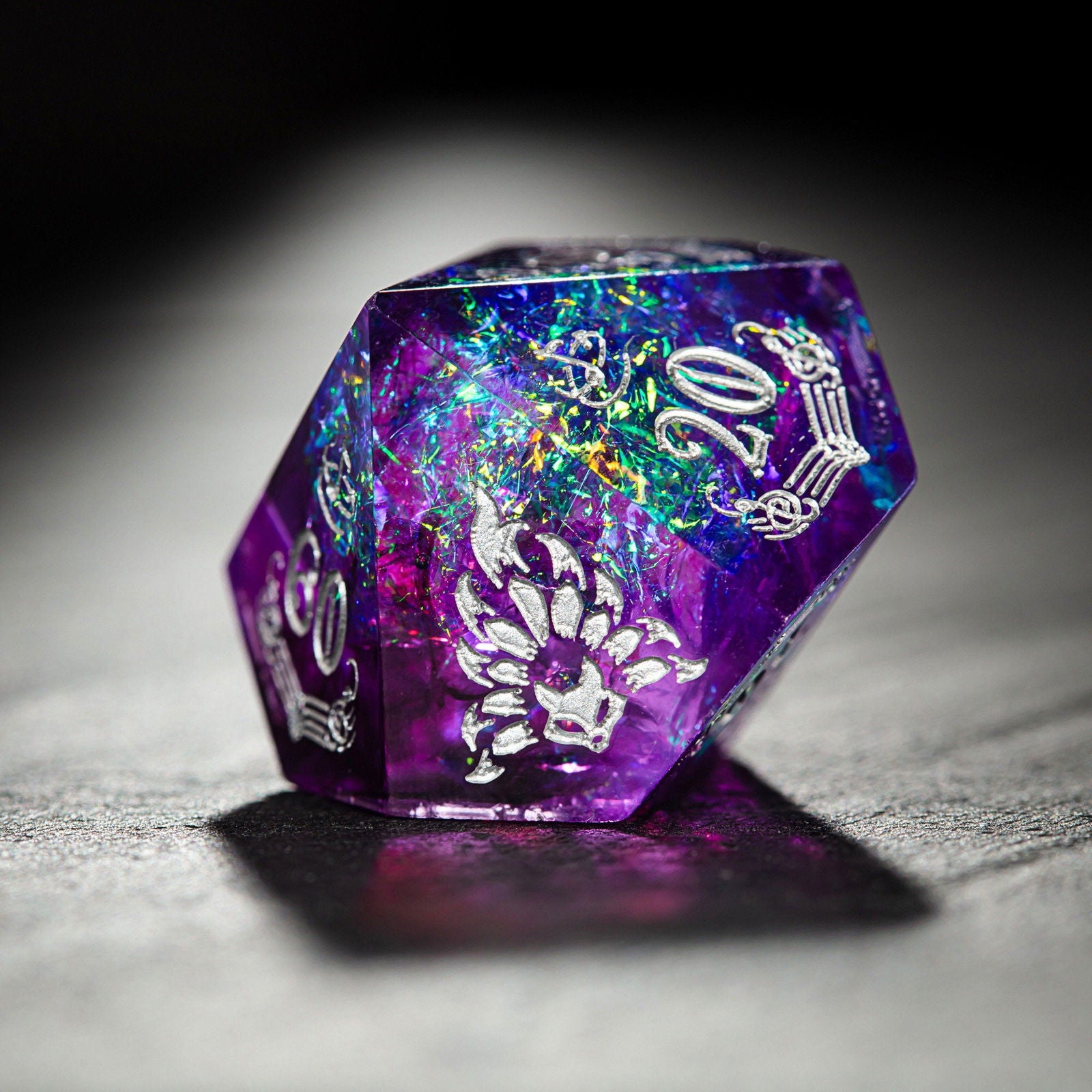 Purple Glitter Galaxy Resin Dice Bard Motif Nine Tails Fox DnD D&D Dice Set - CrystalMaggie