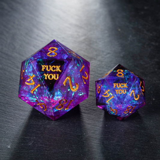 Purple Glitter Galaxy Resin  Dice F Word DnD D&D Dice Chonk D20 - CrystalMaggie