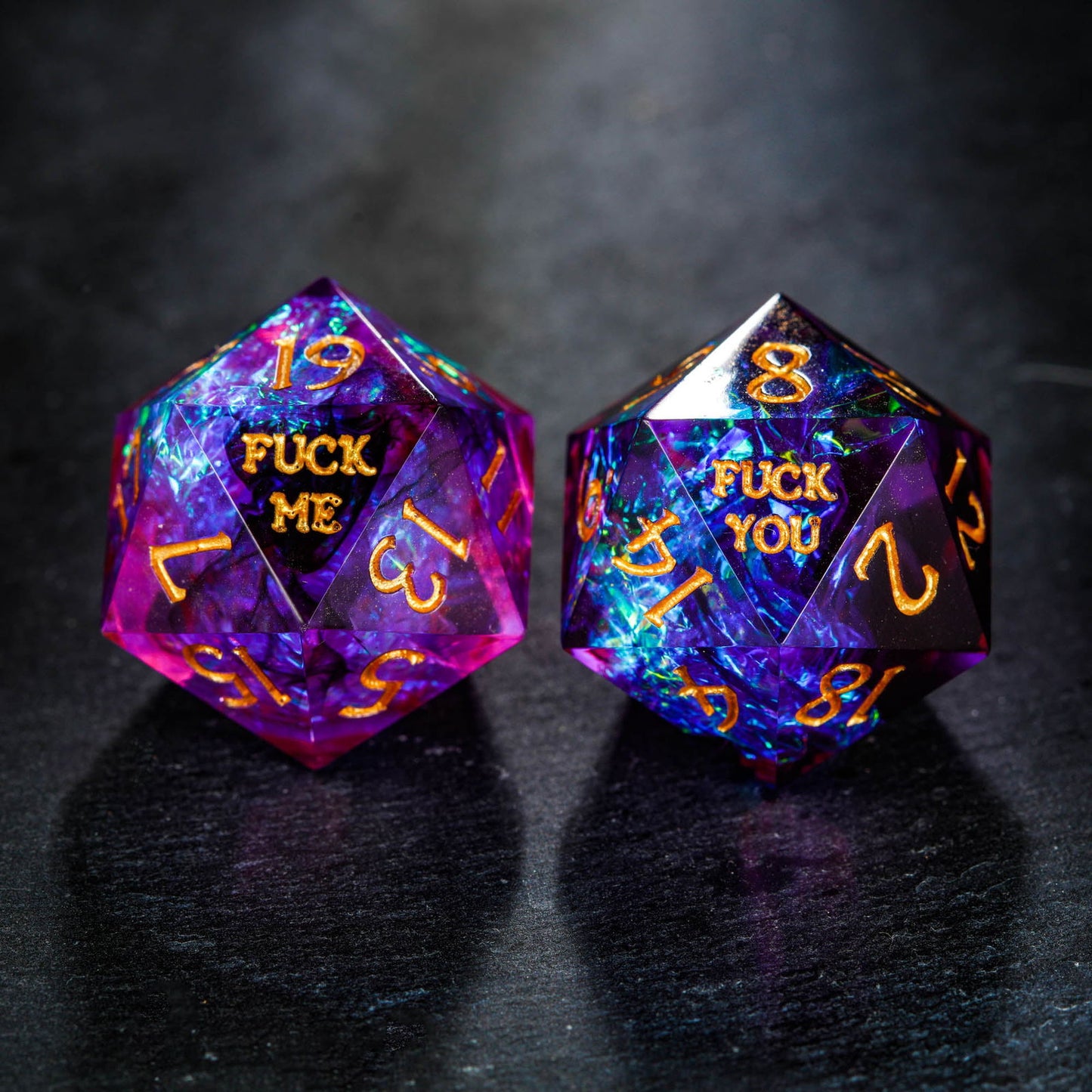 Purple Glitter Galaxy Resin Dice F Word DnD D&D Dice Set - CrystalMaggie