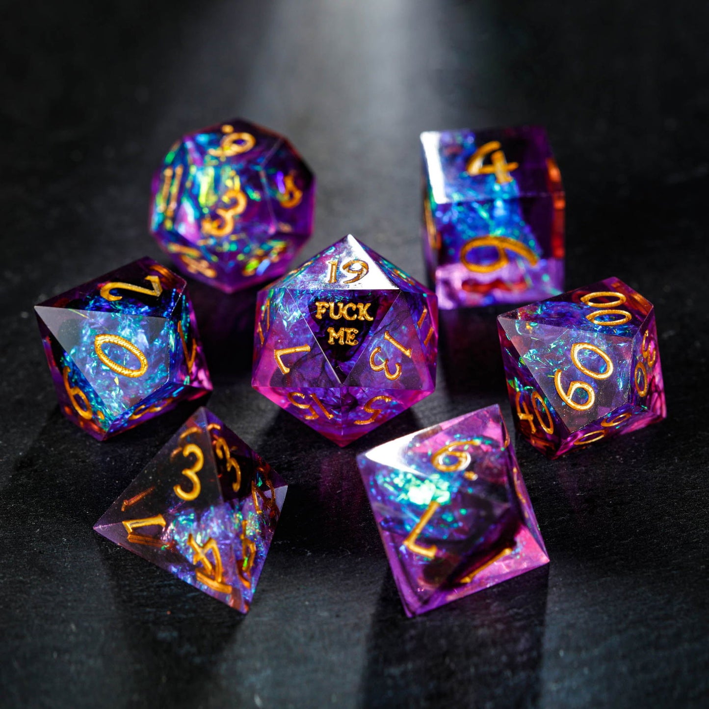 Purple Glitter Galaxy Resin Dice F Word DnD D&D Dice Set - CrystalMaggie