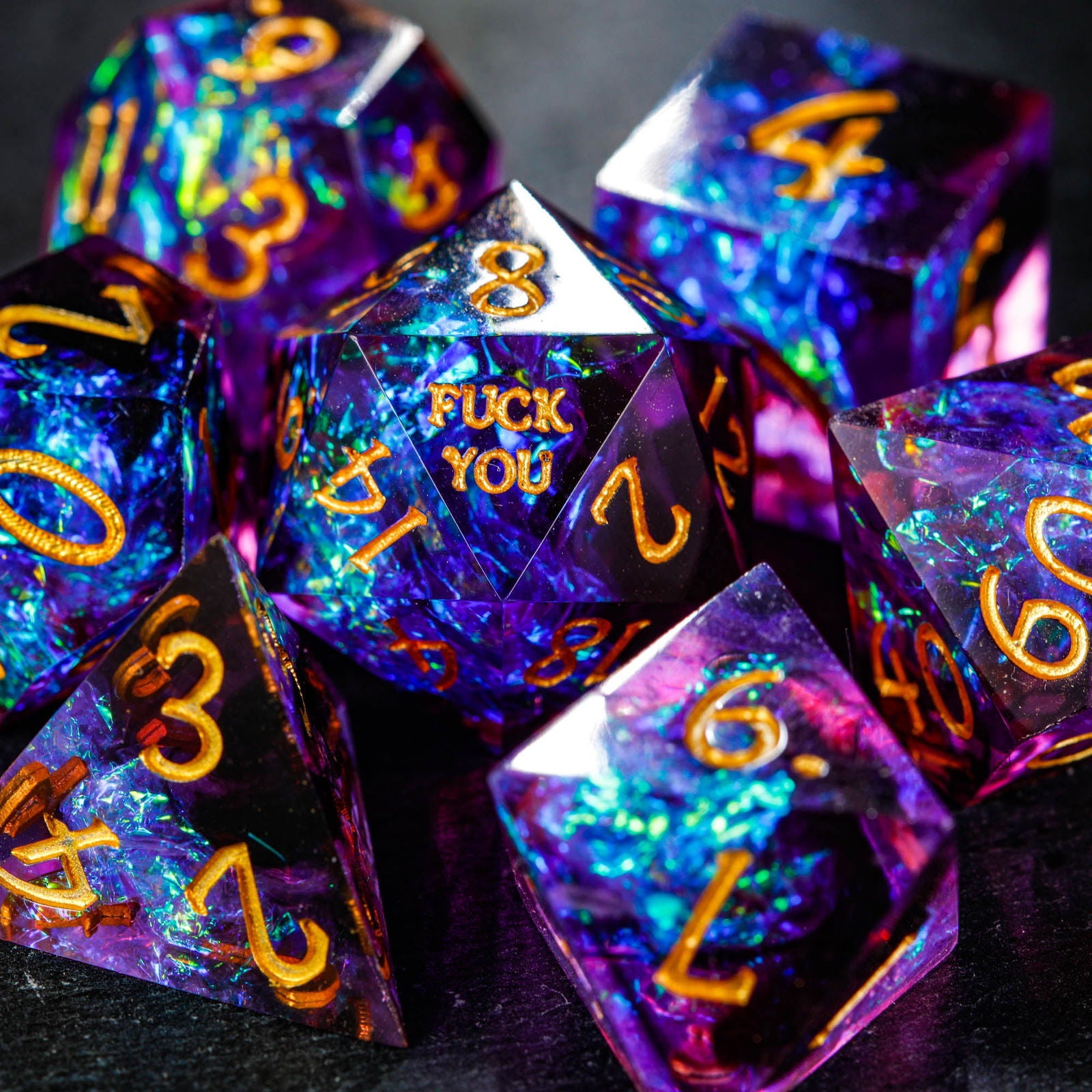 Purple Glitter Galaxy Resin Dice F Word DnD D&D Dice Set - CrystalMaggie