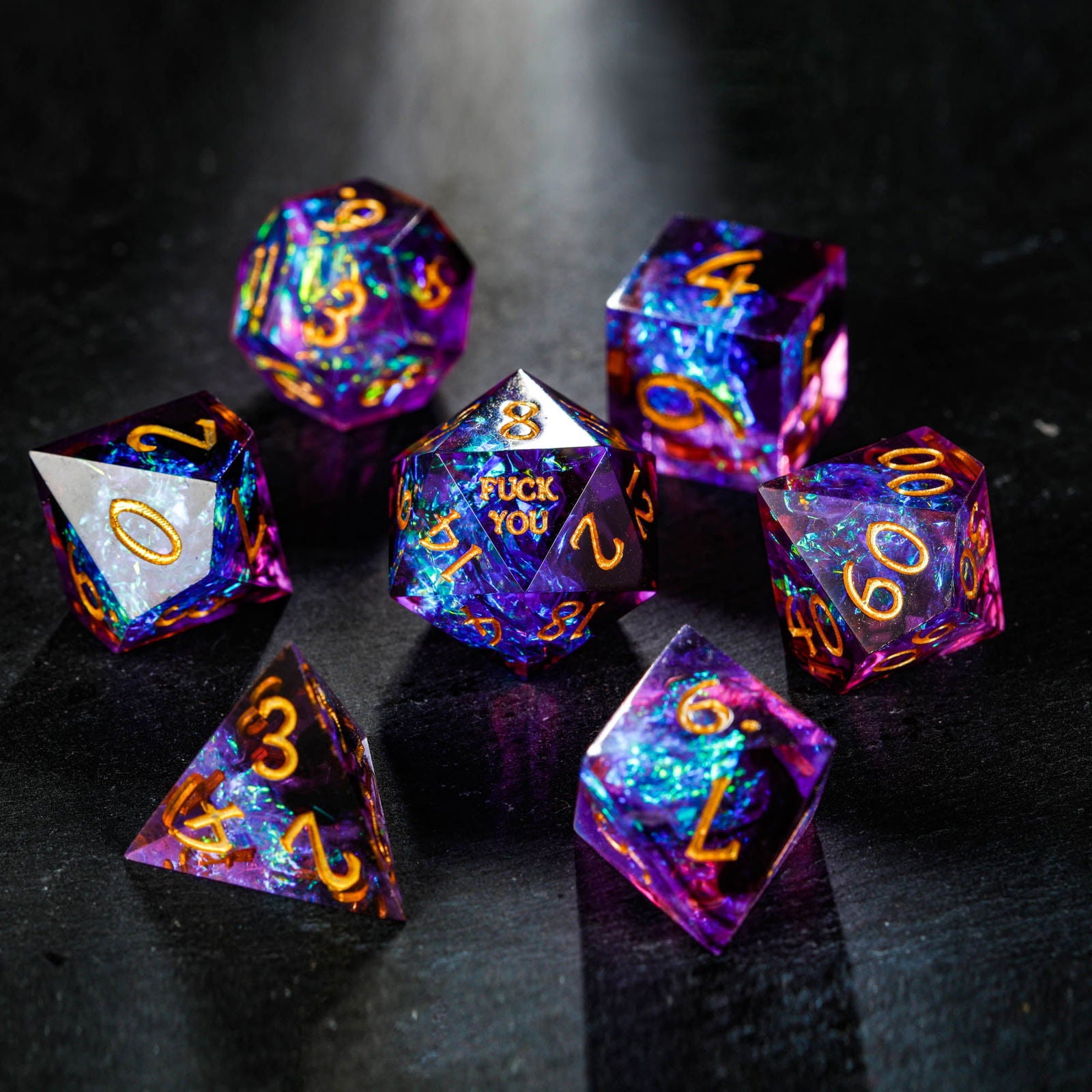 Purple Glitter Galaxy Resin Dice F Word DnD D&D Dice Set - CrystalMaggie