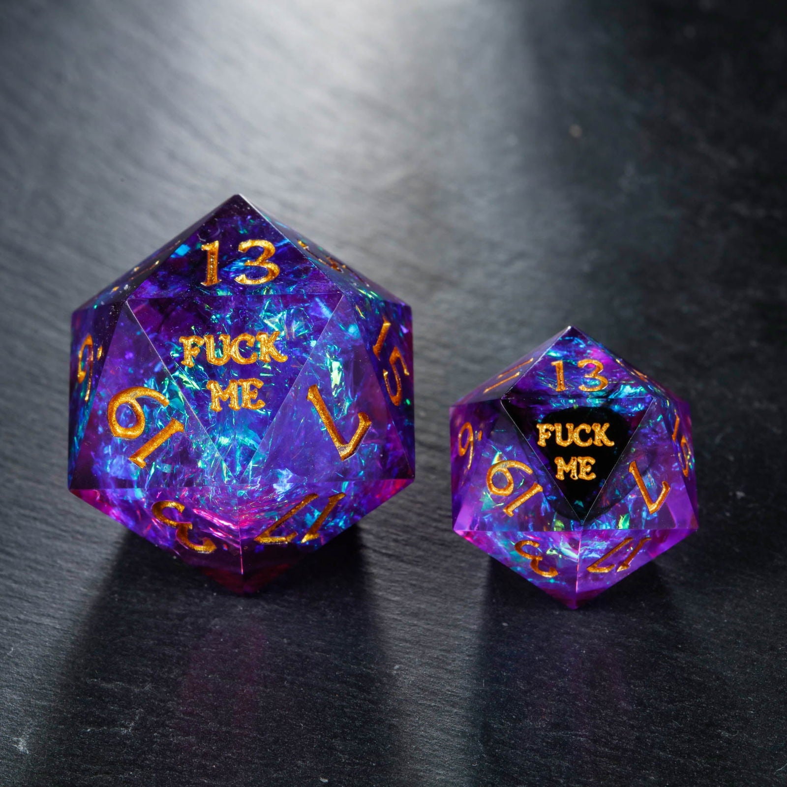 Purple Glitter Galaxy Resin Dice F Word DnD D&D Dice Set - CrystalMaggie