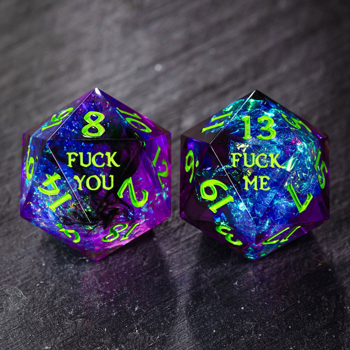 Purple Glitter Galaxy Resin Dice F Word DnD D&D Dice Set - CrystalMaggie