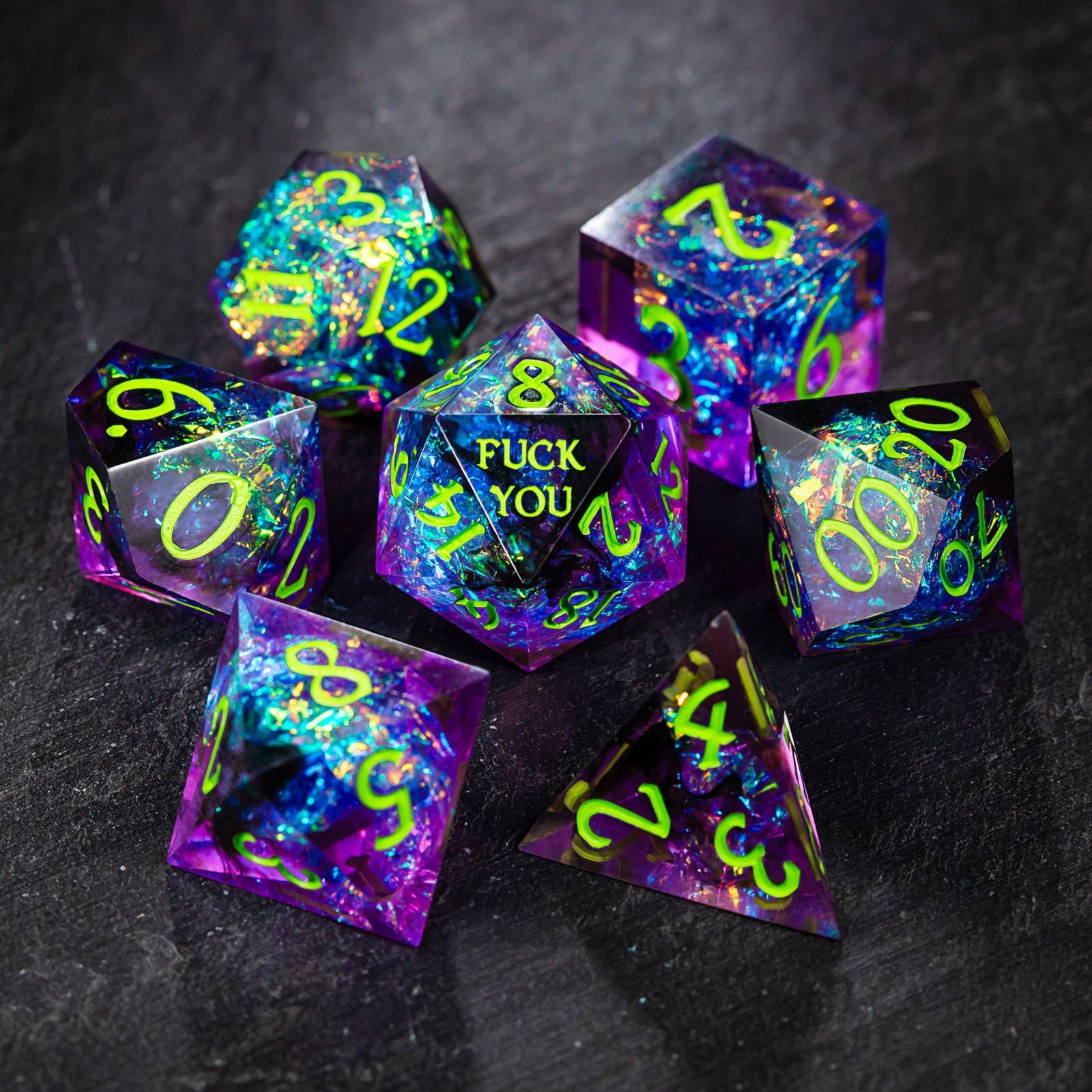 Purple Glitter Galaxy Resin Dice F Word DnD D&D Dice Set - CrystalMaggie