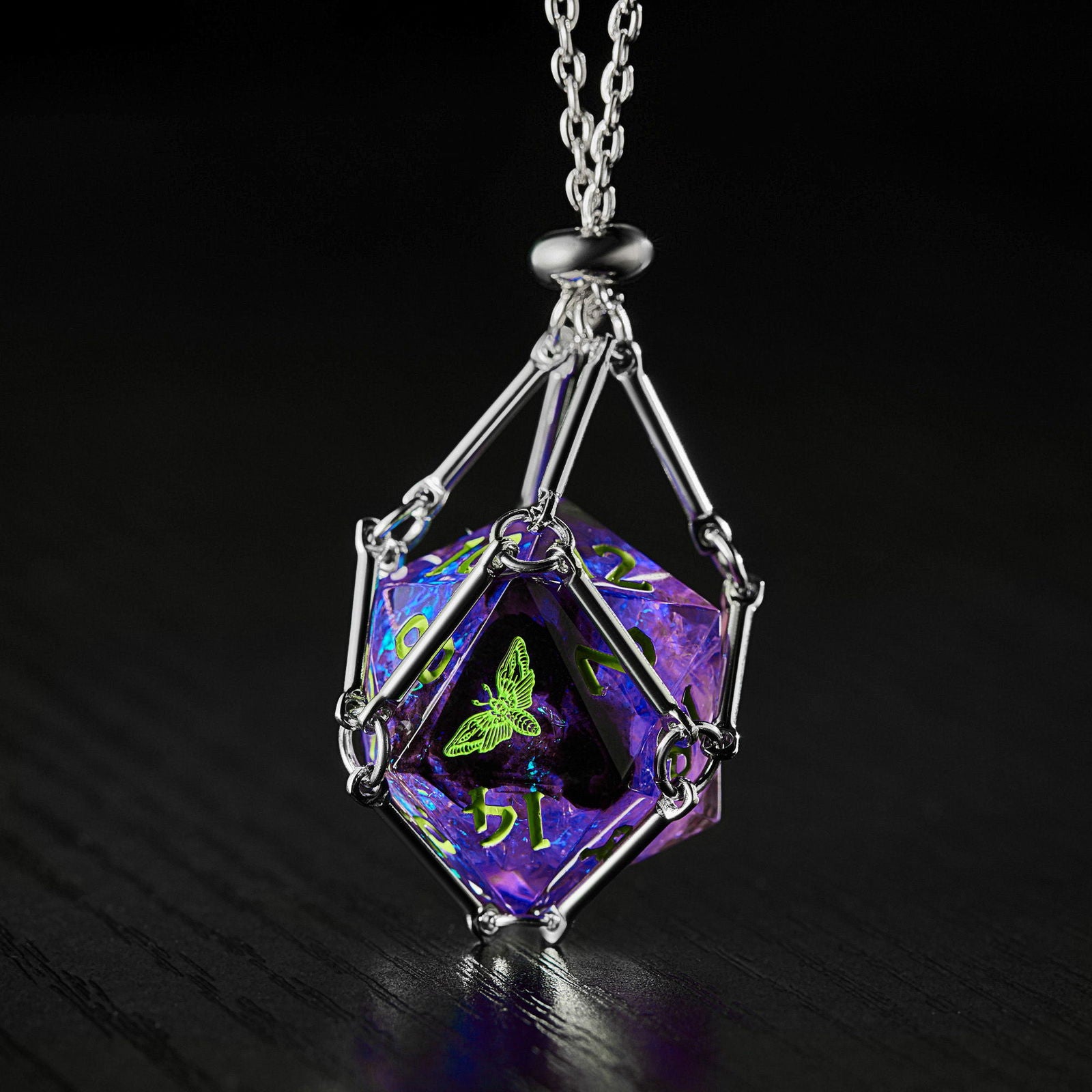 Purple Glitter Galaxy Resin Dice Moth DnD D&D Dice D20 Necklace - CrystalMaggie