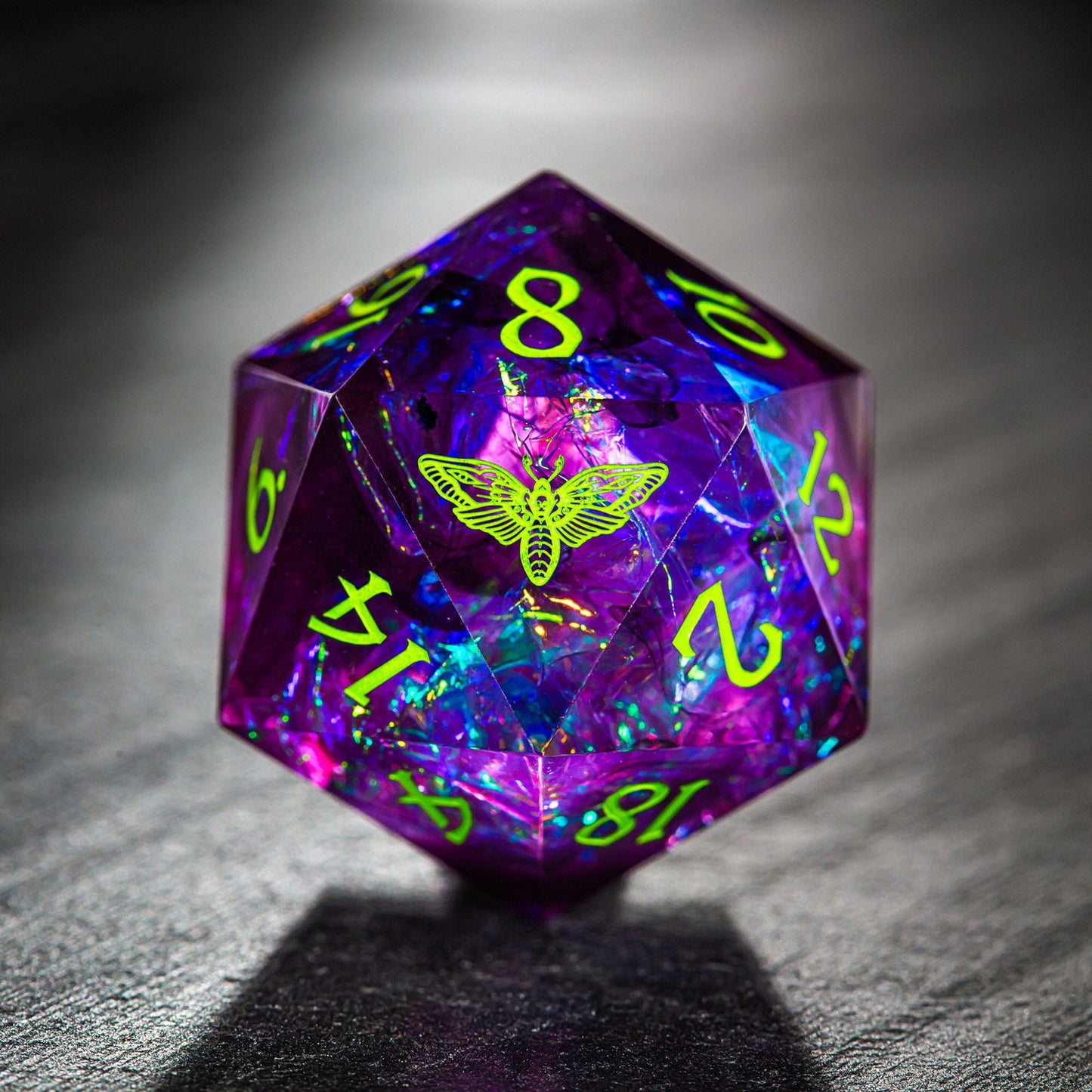 Purple Glitter Galaxy Resin Dice Moth DnD D&D Dice D20 Necklace - CrystalMaggie