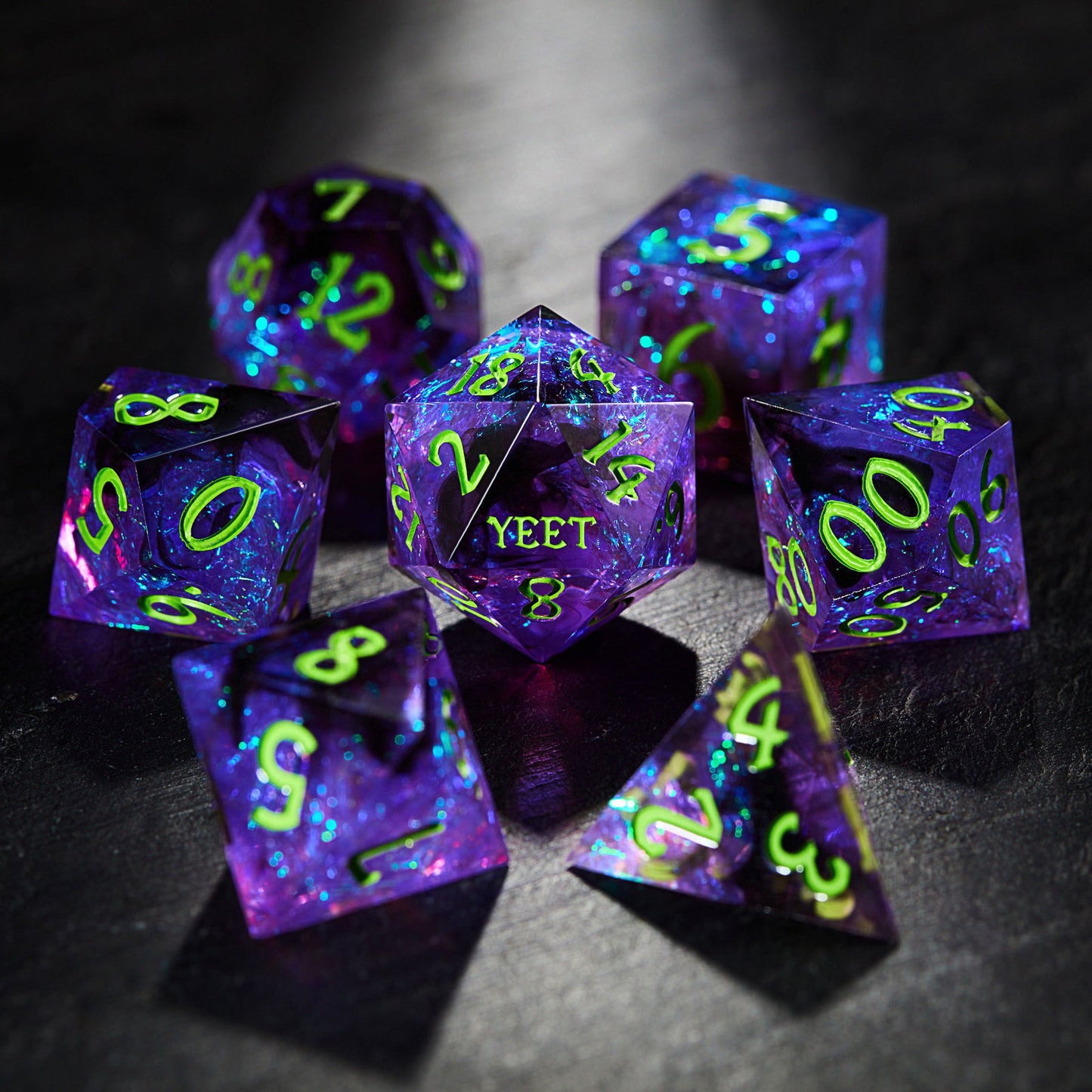 Purple Glitter Galaxy Resin Dice YEET DnD D&D Dice Set - CrystalMaggie