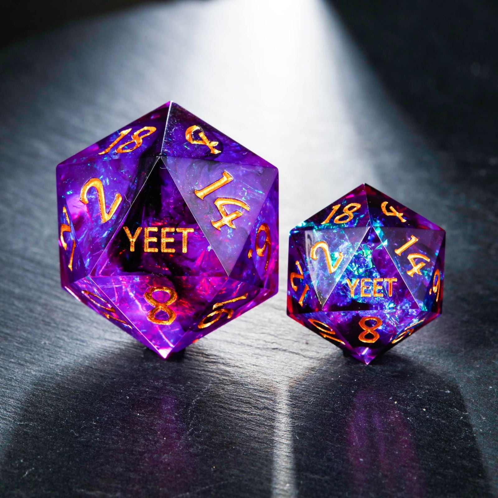 Purple Glitter Galaxy Resin  Dice YEET F*CK DnD D&D Dice Chonk D20 - CrystalMaggie