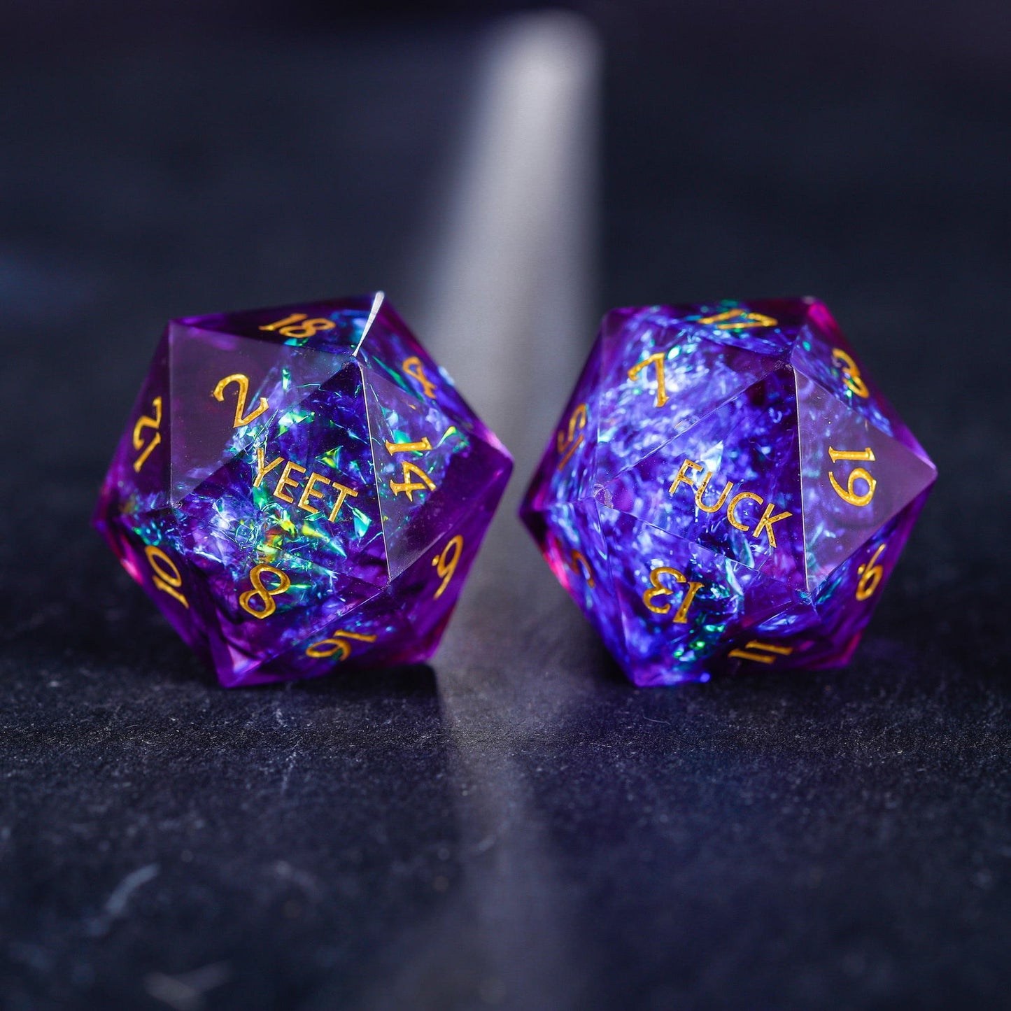 Purple Glitter Galaxy Resin  Dice YEET F*CK DnD D&D Dice Chonk D20 - CrystalMaggie