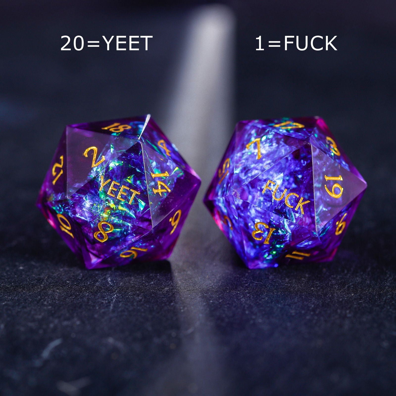 Purple Glitter Galaxy Resin  Dice YEET F*CK DnD D&D Dice Chonk D20 - CrystalMaggie